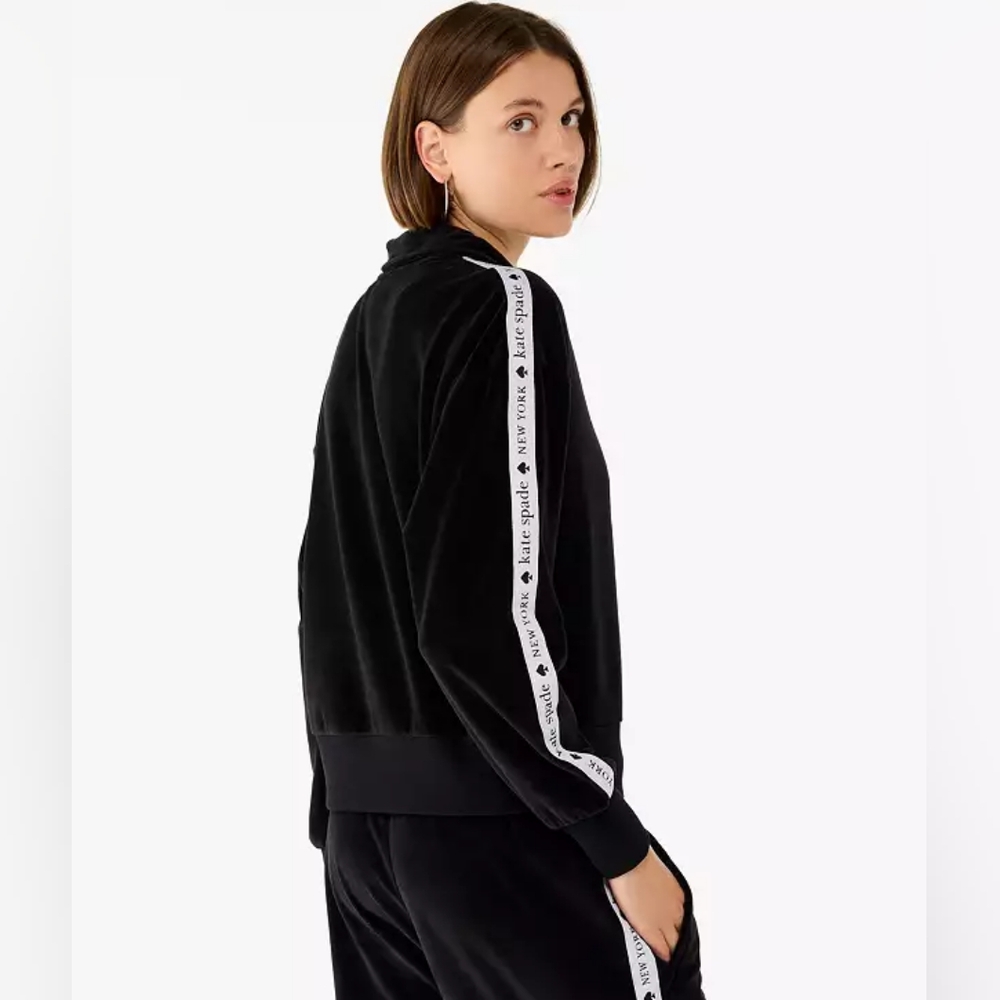 NWT Kate Spade 1/4 Zip Cropped Velor Black Sweatshirt with Logo Sleeve - Sz XL - Picture 3 of 9